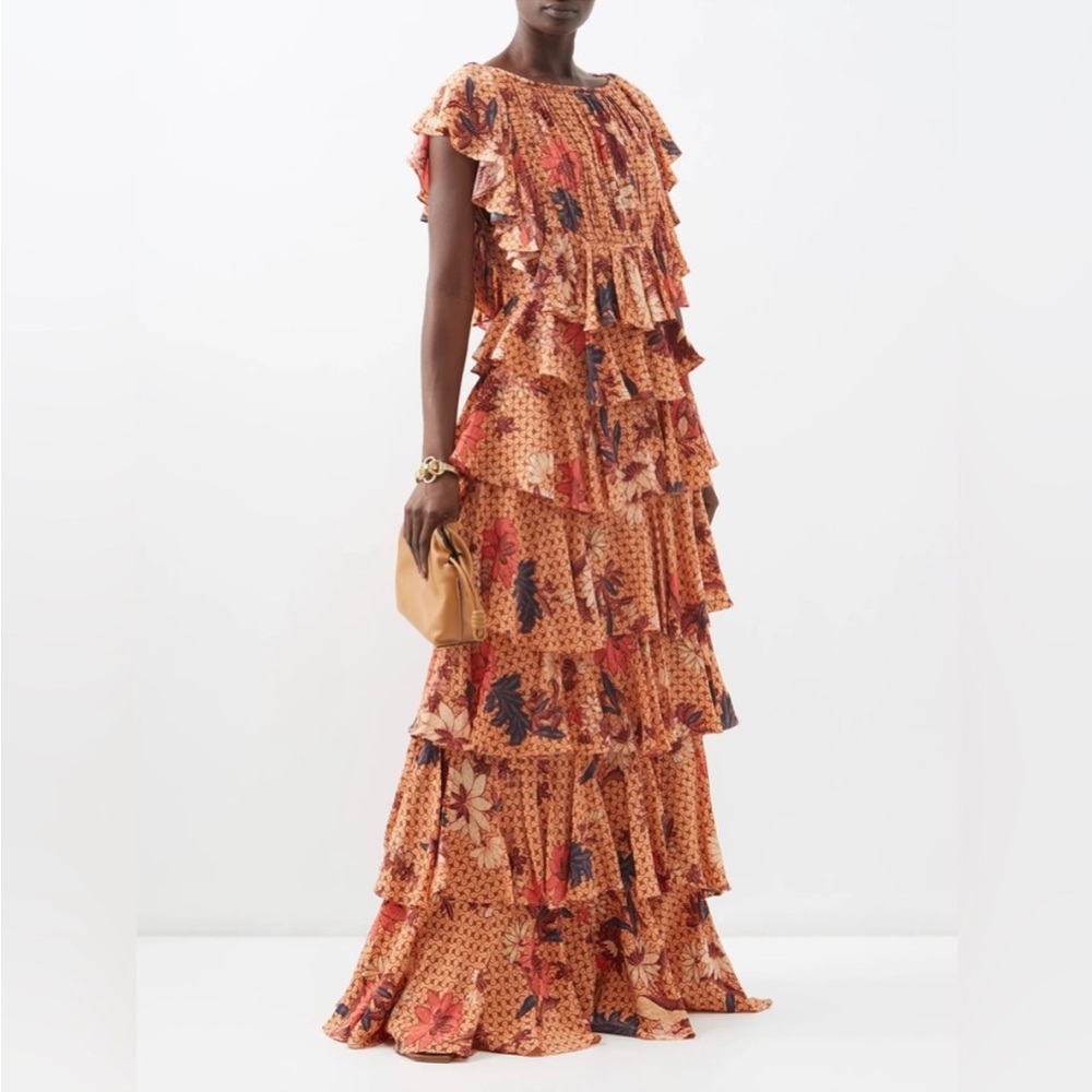 NWT Ulla Johnson Freja 100% silk tiered maxi dress in Garden Rose 2 fits 4